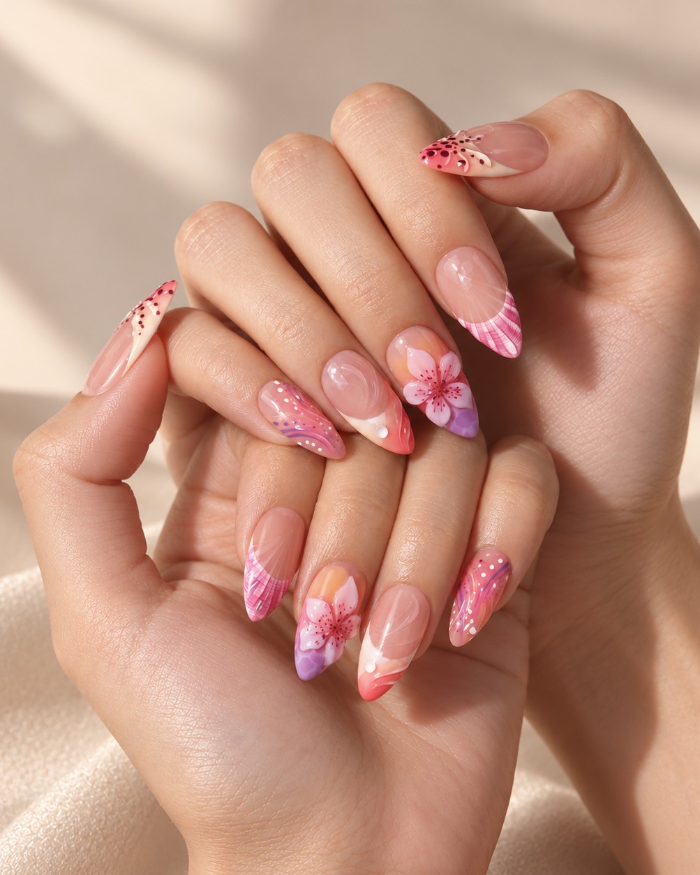 Hand-painted 3D floral press-on nail art.