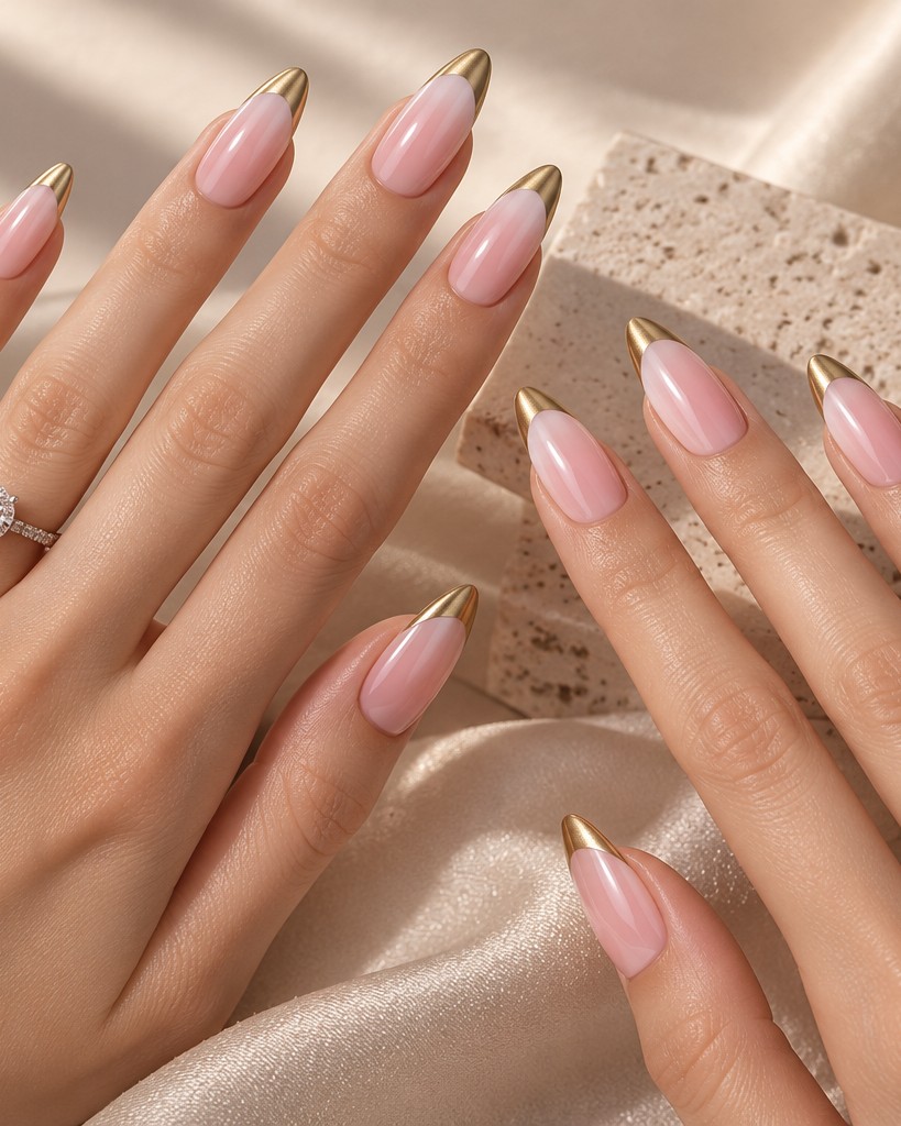 Gold French-tip press-on nails in a consistent, repeatable finish.