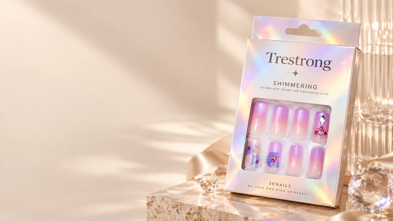 Example of branded press-on nail packaging and application kit